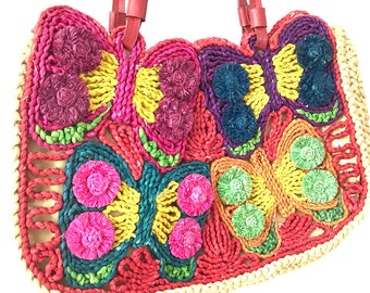 Vintage Bag 3D Butterfly Straw Bag Flower power Butterflies tote bag
