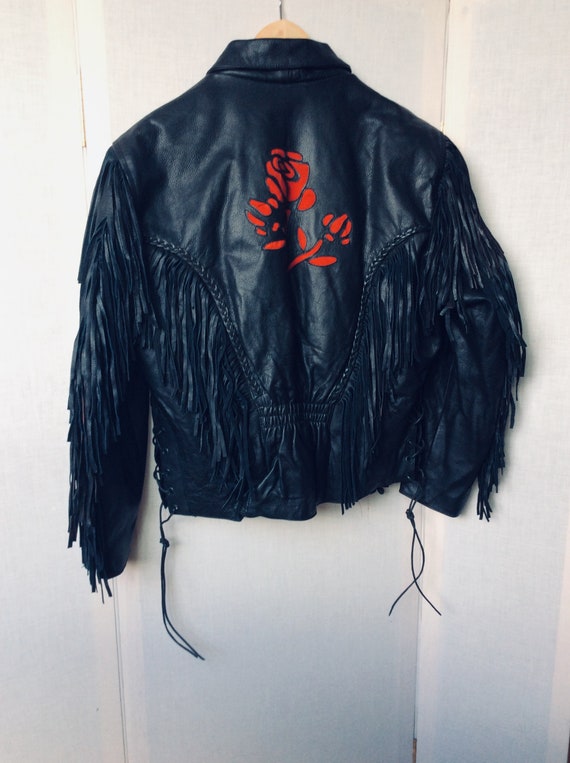 Black Leather Fringed vintage jacket size medium … - image 4