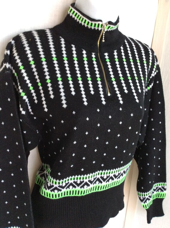 Vintage ski sweater size small retro 80s neon gre… - image 2