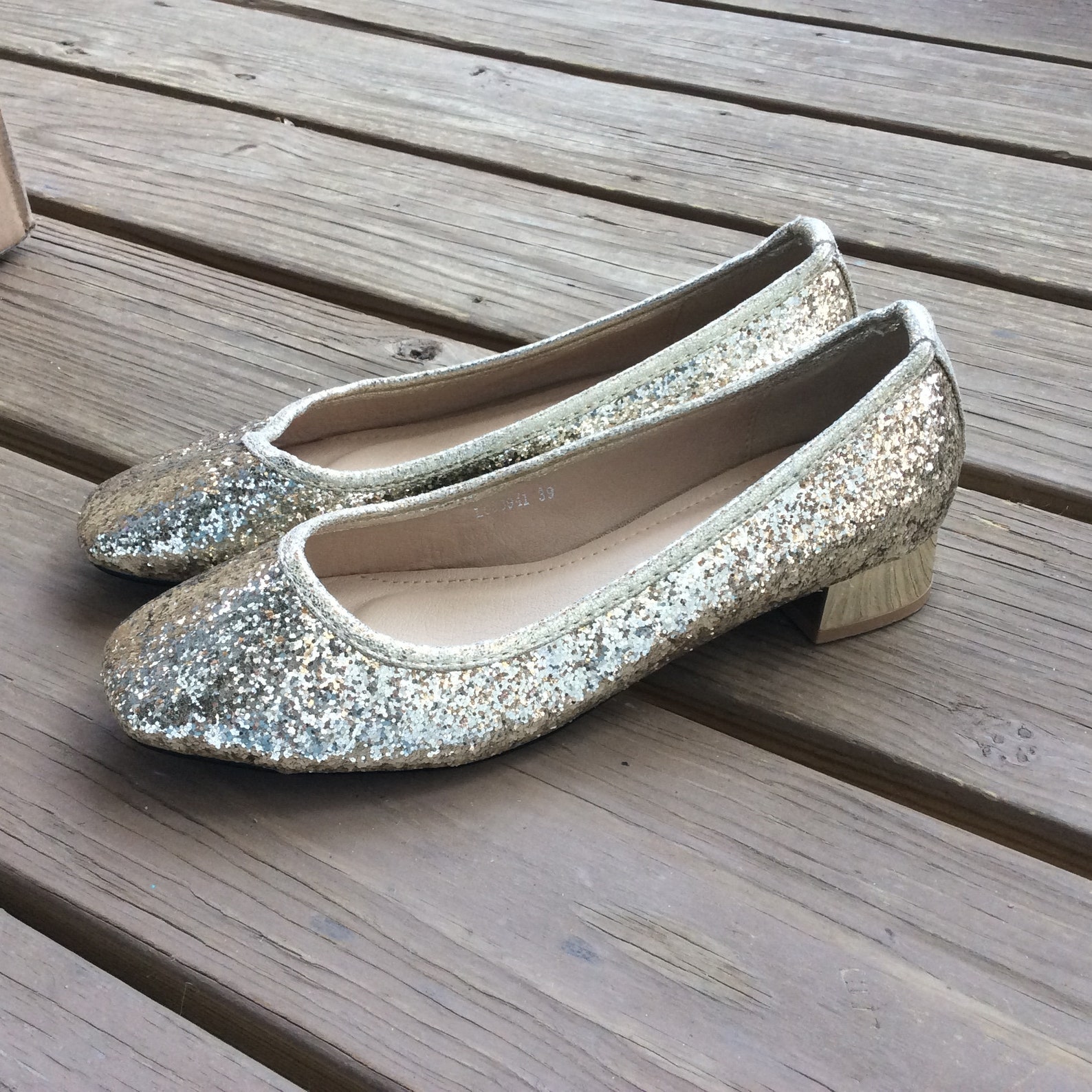 vintage retro gold glitter flats square chunky low heels pumps shoes ballet 8.5