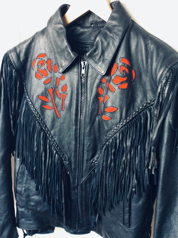 Black Leather Fringed vintage jacket size medium … - image 3