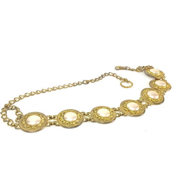 Harwill NY Vintage gold belt faux pearls medallio… - image 7