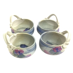 New old stock 4 hand-thrown studio pottery floral soup bowls cottage decor