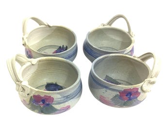 New old stock 4 hand-thrown studio pottery floral soup bowls cottage decor