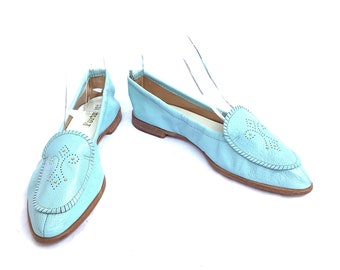 Vintage new old stock teal blue flat shoes loafers ballet funky retro size 6.5