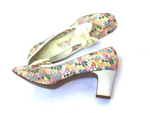 60s mod floral embroidered pumps shoes heels bow … - image 3