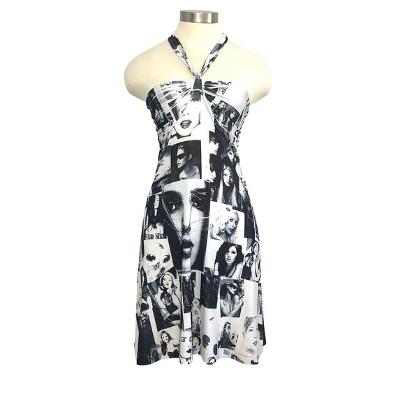 Vintage halter dress 1980s black white photos pic… - image 1