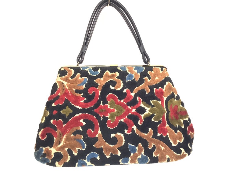 Vintage Carpet Bag Purse Retro 1950 Funky Granny Grandma Cut Velvet