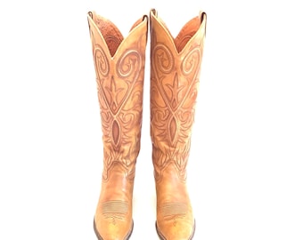 Size 7.5 Dan Post Cowboy Boots Fancy Stitching western Vintage retro Tall Narrow