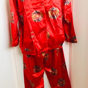 Vintage silk pajamas pants and top button down ruby red size small set gift box 80s image 2