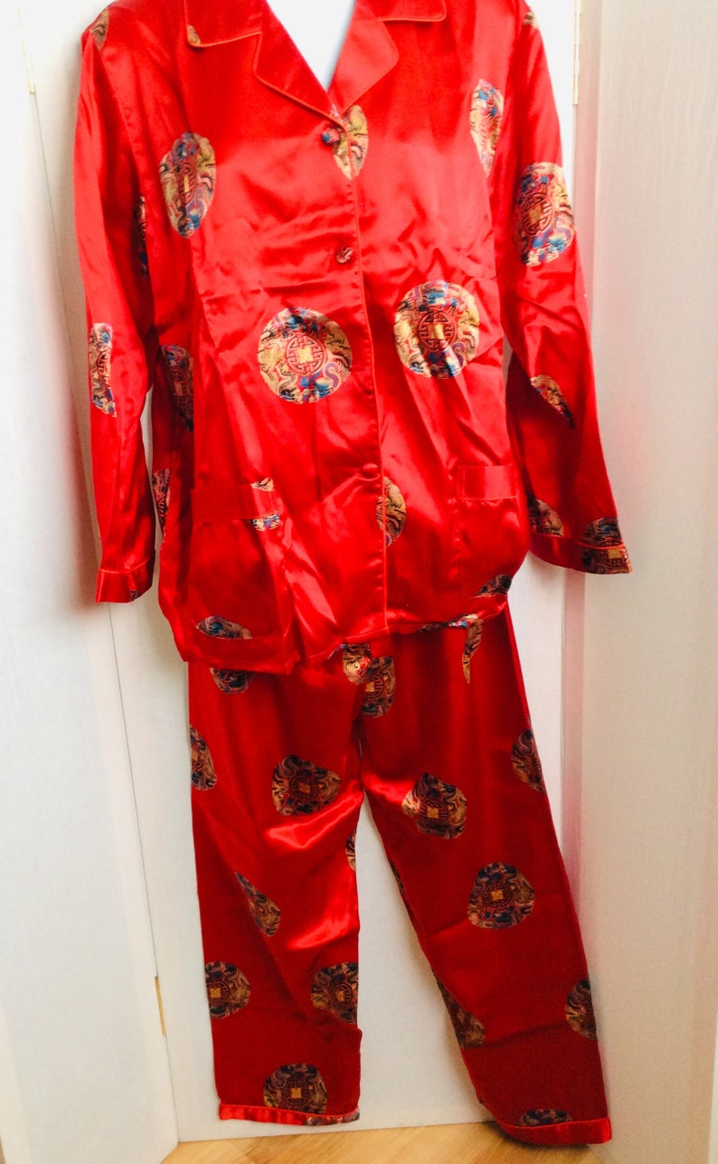 Vintage silk pajamas pants and top button down ruby red size small set gift box 80s image 2