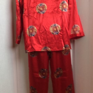 Vintage silk pajamas pants and top button down ruby red size small set gift box 80s image 5