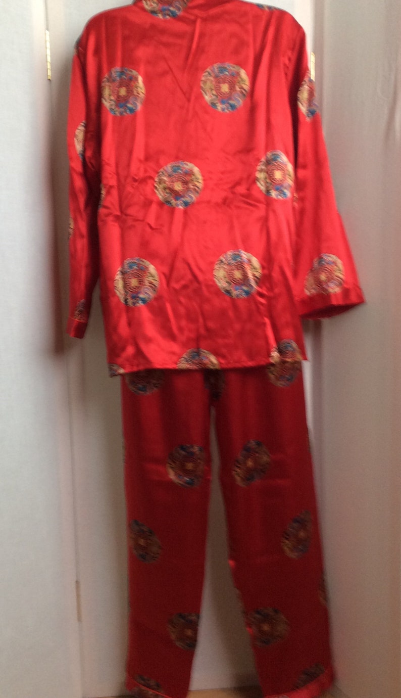 Vintage silk pajamas pants and top button down ruby red size small set gift box 80s image 5