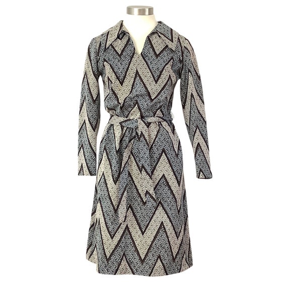 70s chevron print dress long sleeve mod retro vin… - image 1