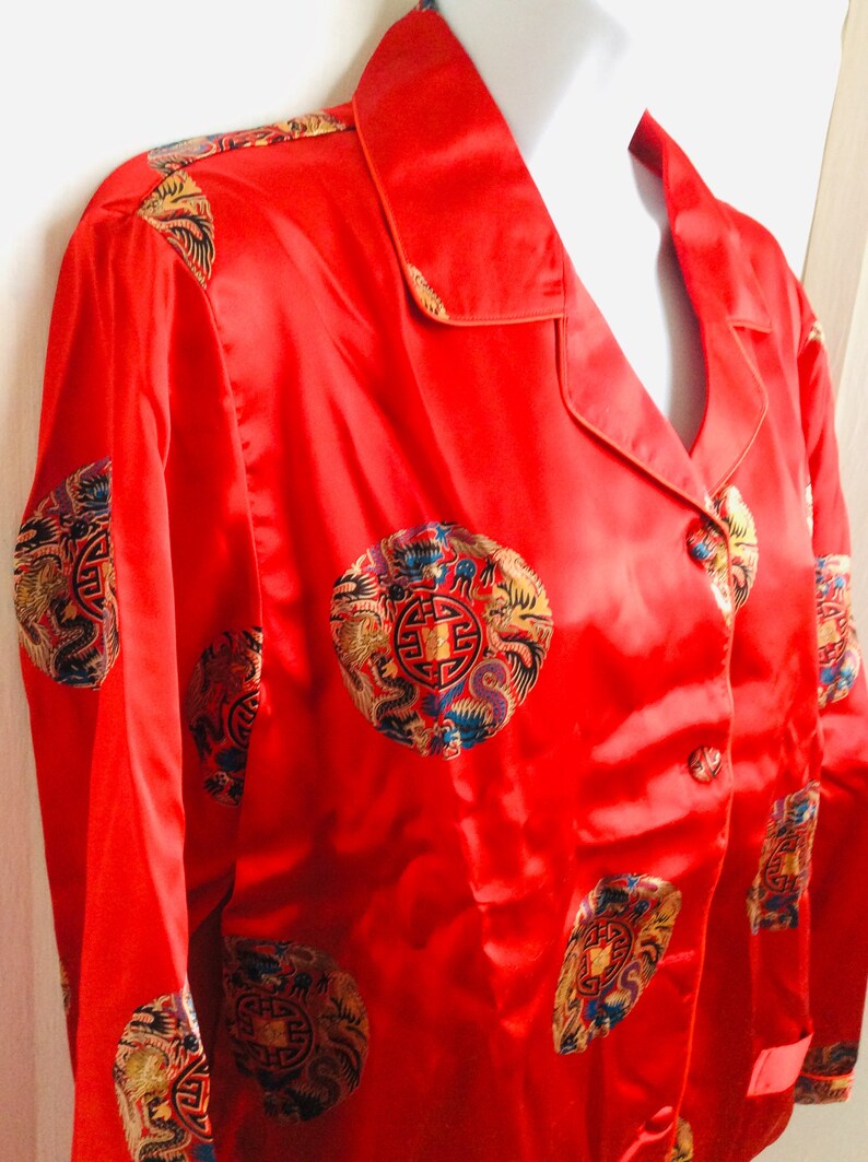 Vintage silk pajamas pants and top button down ruby red size small set gift box 80s image 3