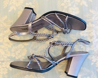 Yves Saint Laurent Vintage silver sandals heels shoes pumps size 7.5 woven 90s retro