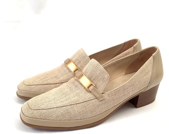Size 7 Linen Loafers EUC vintage designer brand classic low heel gold tone buckle 80s