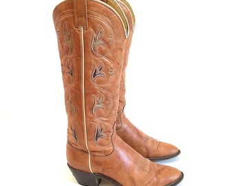 Vintage Tall cowboy boots western inlay cut leather size 7 southwest southwestern