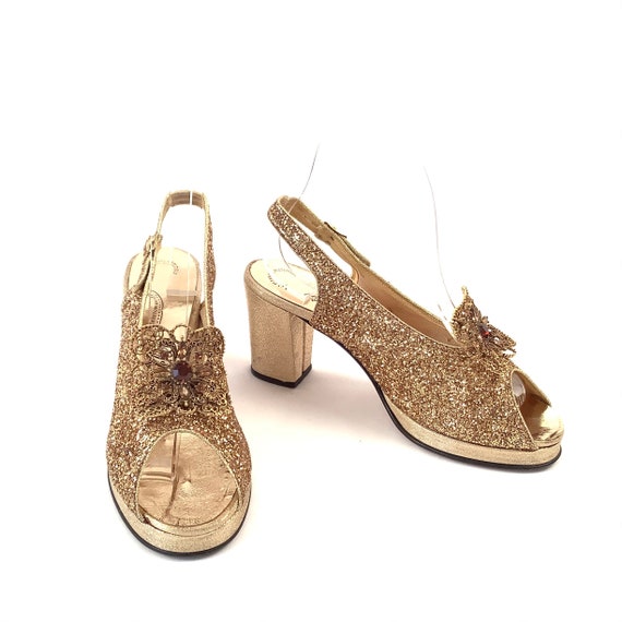 Vintage 50s platform gold glitter 60s heels shoes… - image 3