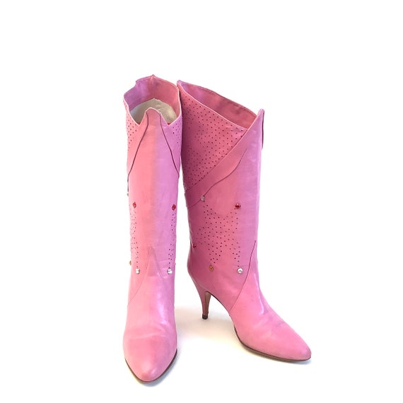 Vintage 80s pink perforated rhinestones boots siz… - image 10