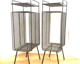 Vintage 1950s Vinyl Record Storage End Tables Wrought Iron