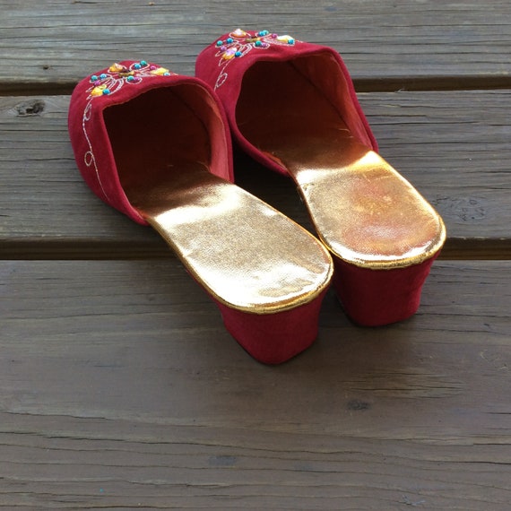 Red velvet vintage slippers size 7 to 7.5 bejewel… - image 4