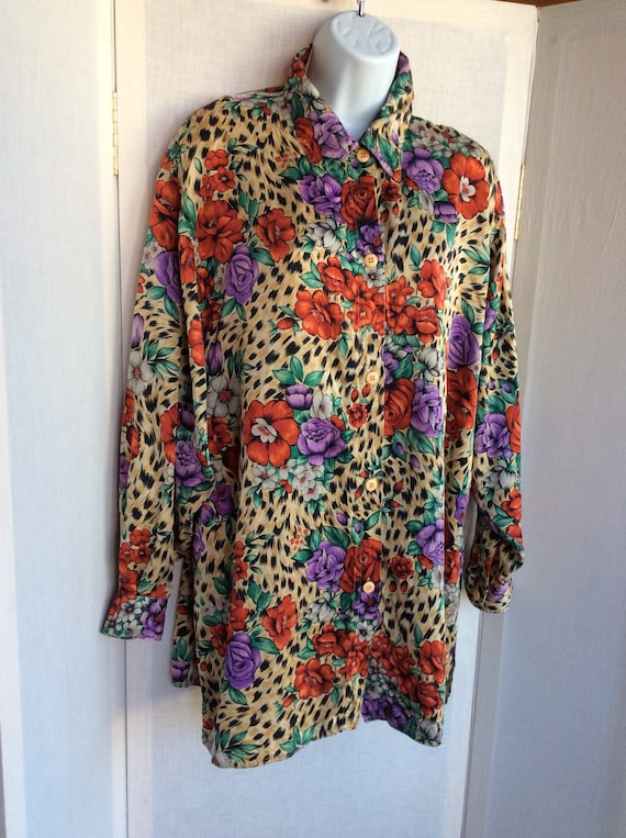 80s floral one size top blouse silk vintage loose 