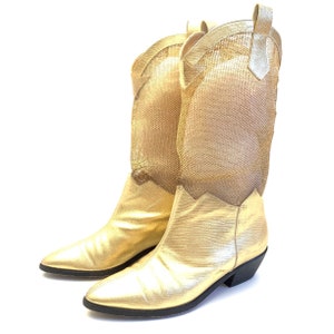 Rare vintage gold tone mesh cowboy boots size 6 funky baroque reptile print 1980 image 7