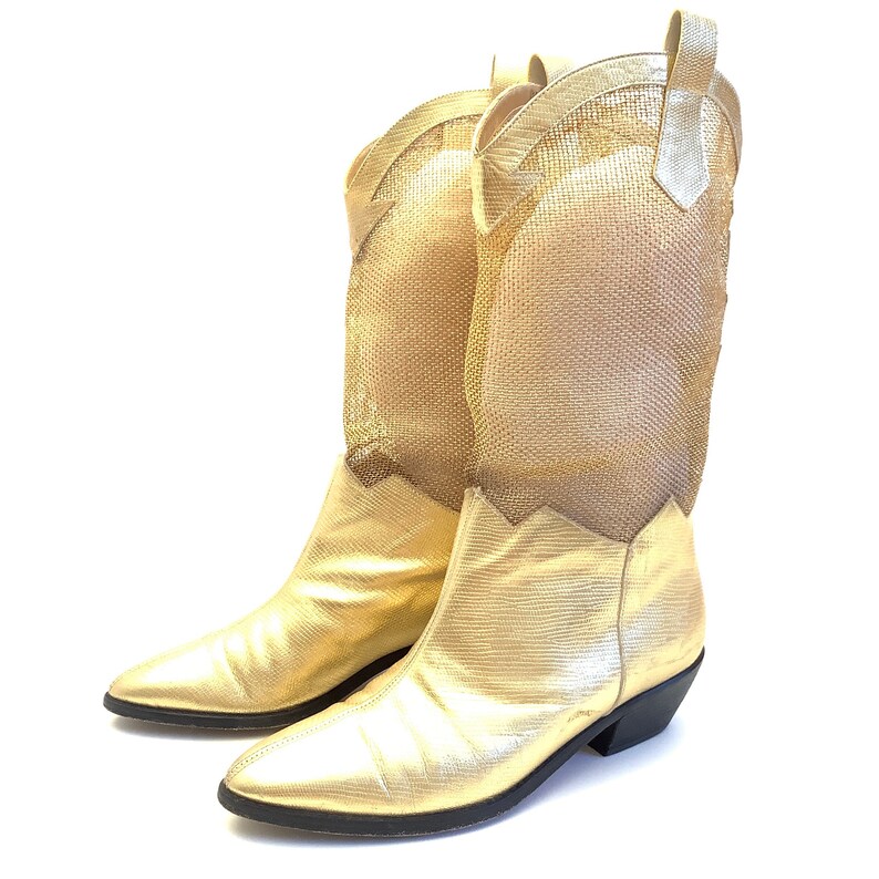 Rare vintage gold tone mesh cowboy boots size 6 funky baroque reptile print 1980 image 7