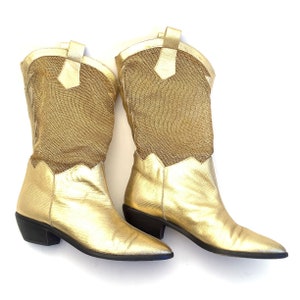 Rare vintage gold tone mesh cowboy boots size 6 funky baroque reptile print 1980 image 1