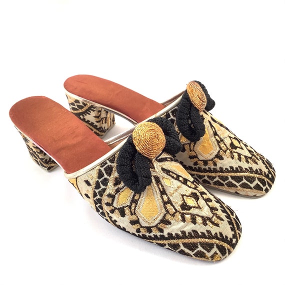 Funky mod Vintage brocade house slippers floral 6… - image 1