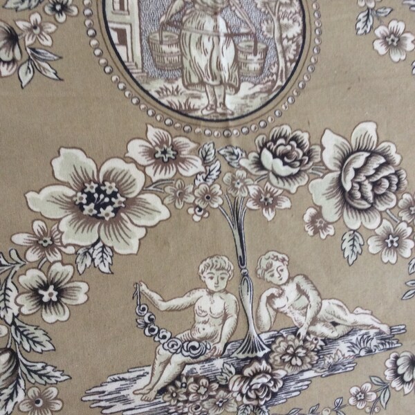 Antique textile sample vat colored hand print Preston cherubs roses toile rare 35x51