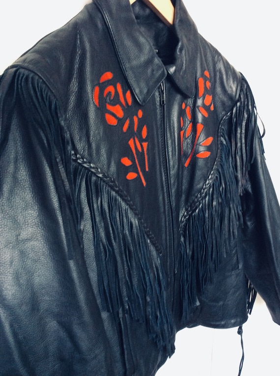 Black Leather Fringed vintage jacket size medium … - image 1