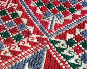 Antique Linen Cross Stitch Table Runner Red-Multicolor