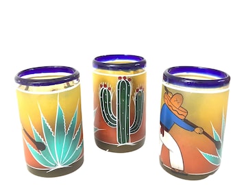 Vintage Blown Glass Tumblers Whimsical Mexican Motif Southwestern Decor