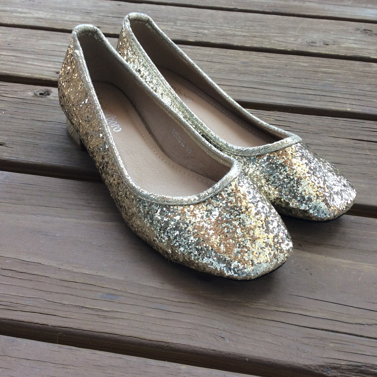 vintage retro gold glitter flats square chunky low heels pumps shoes ballet 8.5