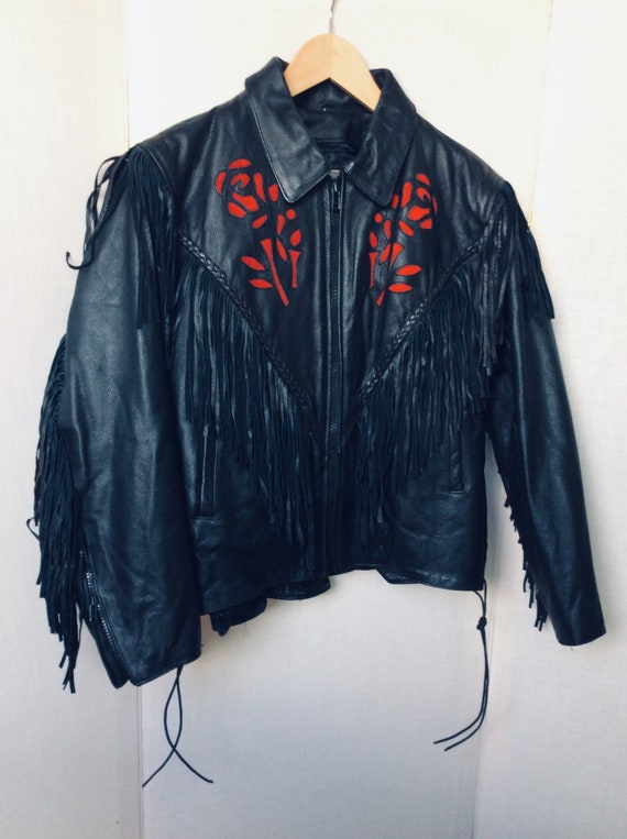 Black Leather Fringed vintage jacket size medium … - image 2