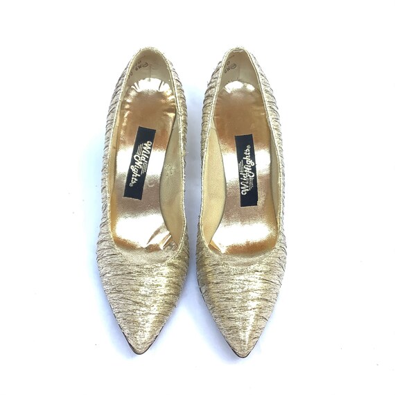 Gold pinup Heels 80s pointy heels fabric retro fu… - image 2