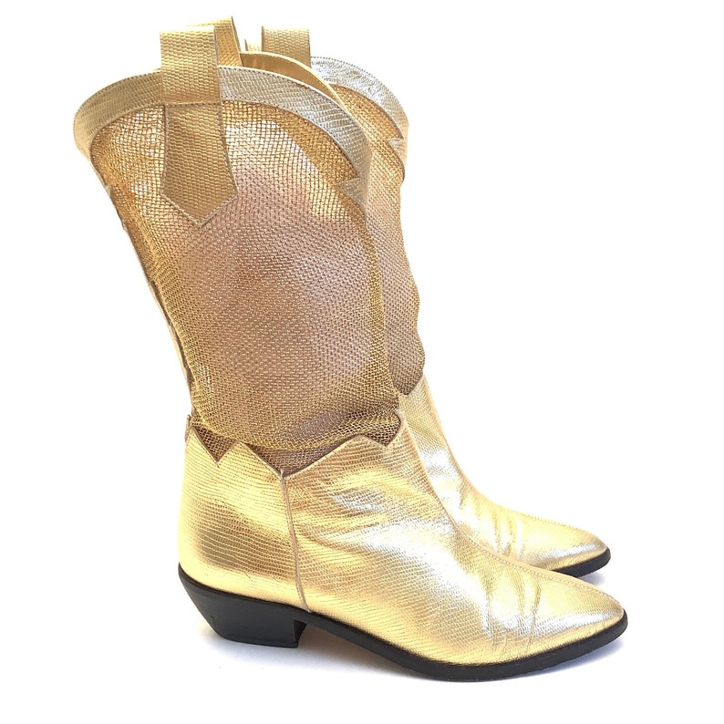 Rare vintage gold tone mesh cowboy boots size 6 funky baroque reptile print 1980 image 5