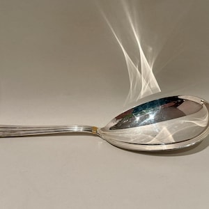 May include: A silver serving spoon with a wide, oval bowl and a long, slender handle. The handle has a series of parallel lines and is accented with gold-colored bands near the bowl. The spoon is reflective, with light reflecting off its surface.