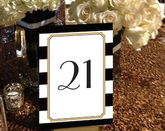 Striped Table Numbers, Black and Gold Table Numbers, Art Deco Table Numbers, Black and White Striped Table Numbers 1 - 50 Instant Download