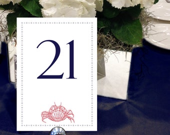 Nautical Table Numbers, Crab, Navy and Red Table Numbers, Beach Wedding Table Numbers, 1 - 50 Instant Download and Print