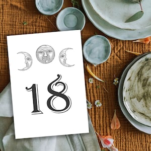 Vintage Moon Black and White Table Numbers, Wedding Table Numbers, Party Table number, Phases of the Moon Table number 1-50 Instant Download