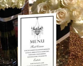 Formal Menu, Black Menu, Chandelier Menu for your Wedding, Party or Special Event - finished size 4.25" x 9"