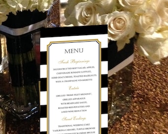 Striped Menu, Black and White Menu, Gold, Black and White Menu for your Wedding, Party or Special Event - finished size 4.25" x 9"