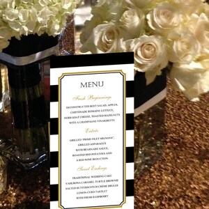 Striped Menu, Black and White Menu, Gold, Black and White Menu for your Wedding, Party or Special Event finished size 4.25 x 9 image 1