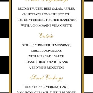 Striped Menu, Black and White Menu, Gold, Black and White Menu for your Wedding, Party or Special Event finished size 4.25 x 9 image 3