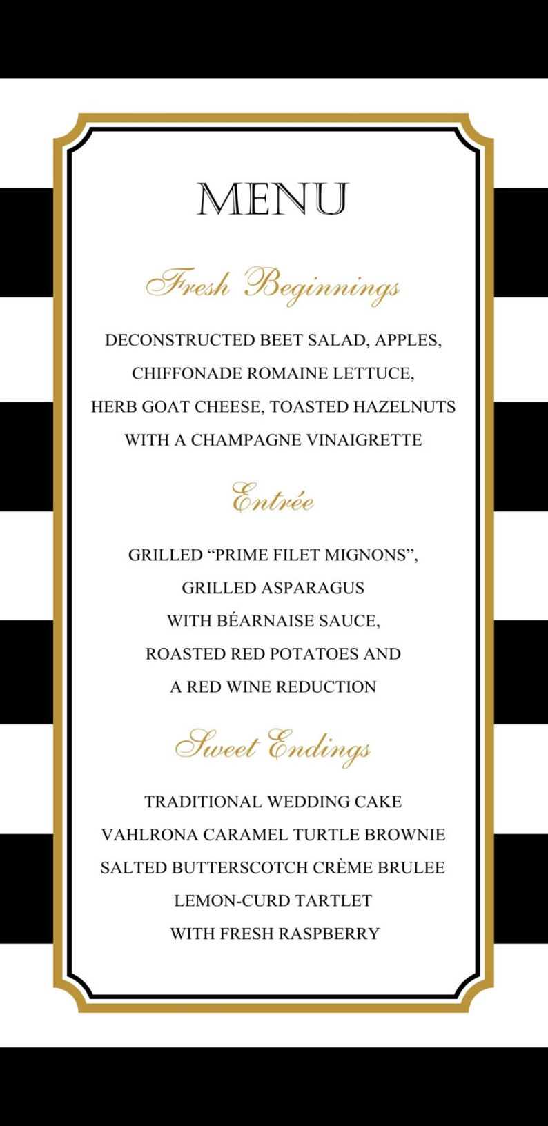 Striped Menu, Black and White Menu, Gold, Black and White Menu for your Wedding, Party or Special Event finished size 4.25 x 9 image 3