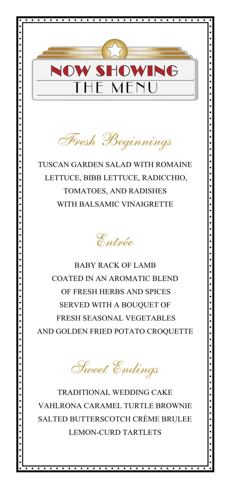 Movie Marquee Menu, Hollywood, Glam, Red Carpet Menu for Your Wedding ...