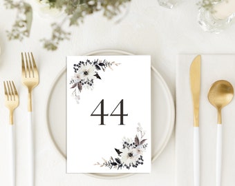 Black and White Floral Table Numbers, Wedding Table Numbers, Table Decor, Table numbers Wedding, Wedding Table number 1-50 Instant Download